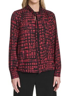 Calvin Klein Red and Black Grid Tie-Neck Blouse NWT.     #11